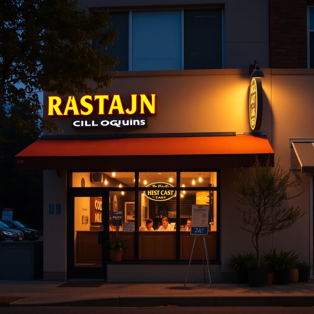 Restaurant exterior at dusk with warm lit sign
