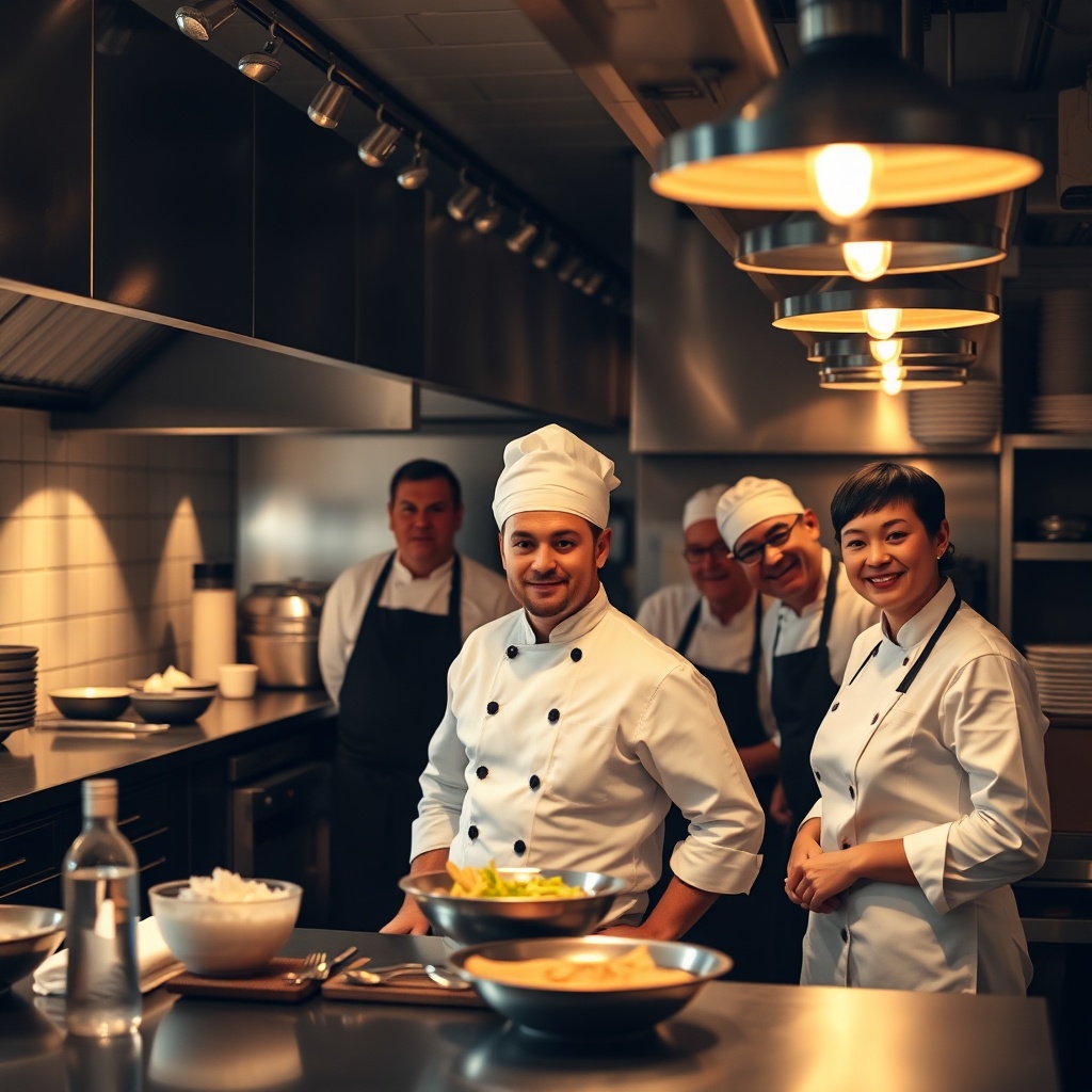 Chef and kitchen team preparing dishes