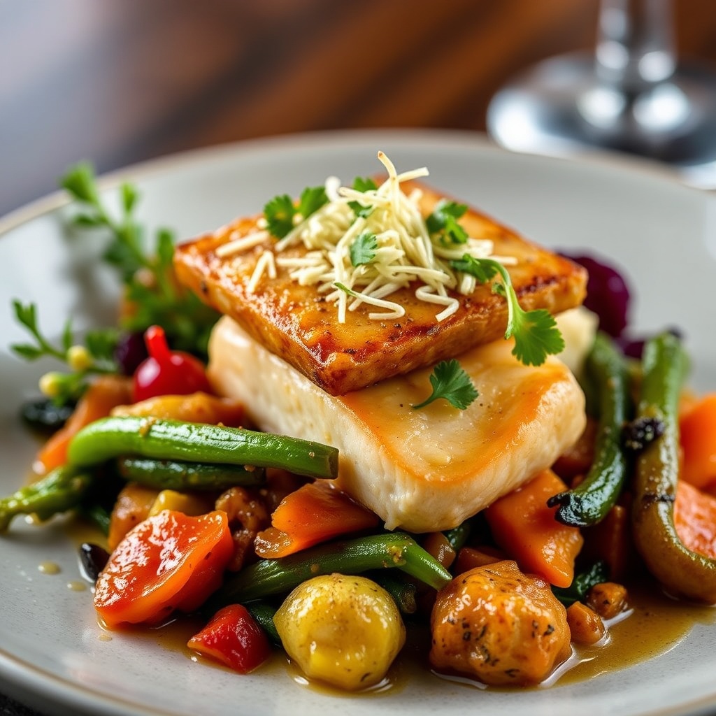Signature plated dish with seasonal vegetables