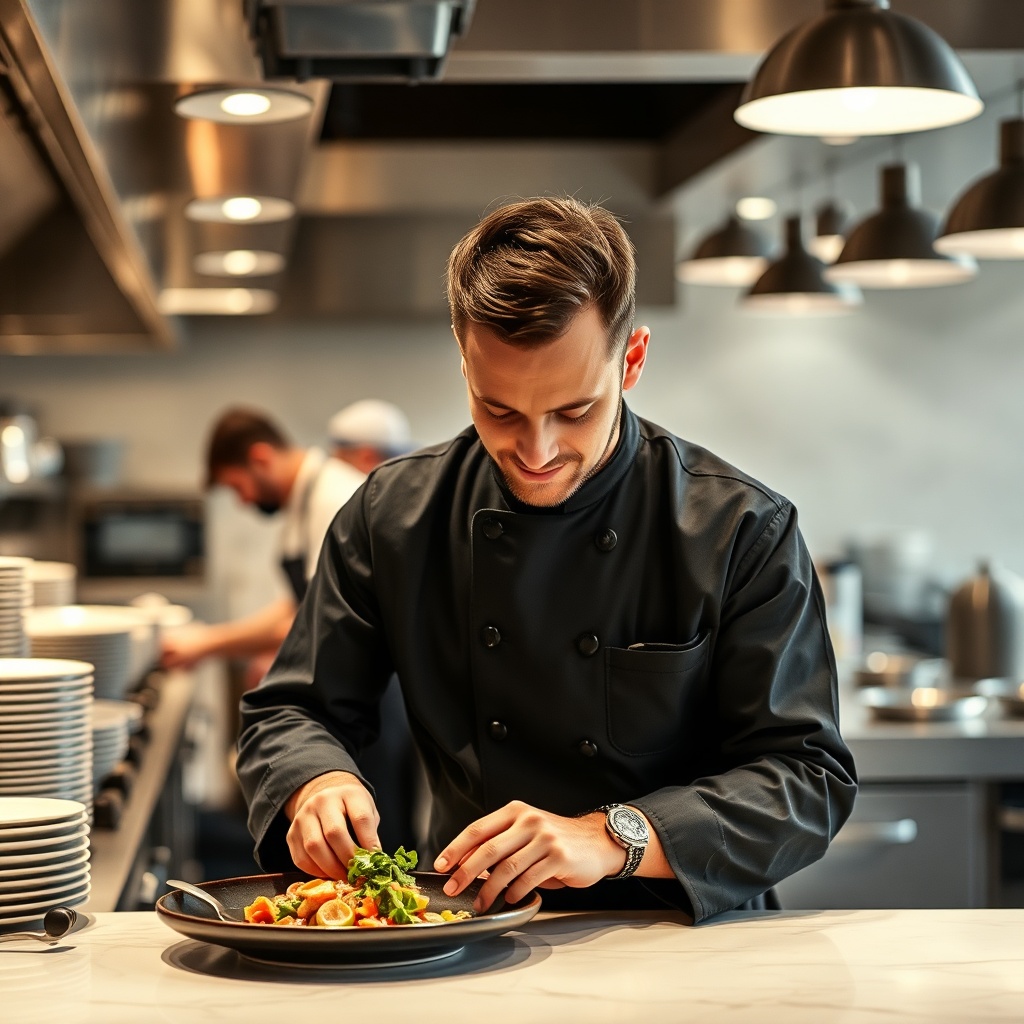Head chef preparing a dish in open kitchen
