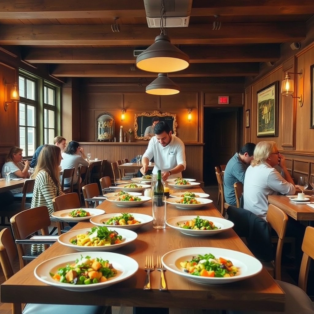 Inviting restaurant interior with seasonal dishes on a wooden table