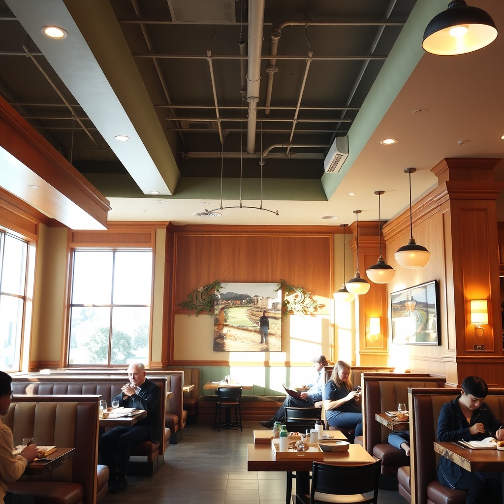Interior dining room with tables and warm lighting