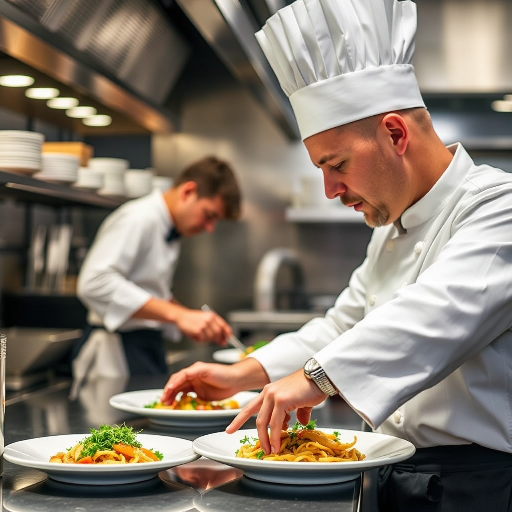 Chef plating a dish in the open kitchen
