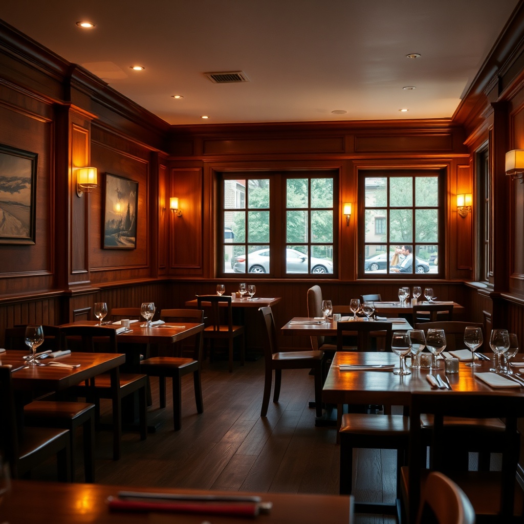 Cozy restaurant interior with wooden tables